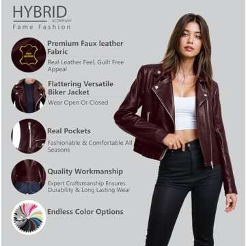 Olivia Miller Women's Faux Leather Moto Biker Jacket Long Sleeve Zip Jacket JK5208 BURGUNDY L