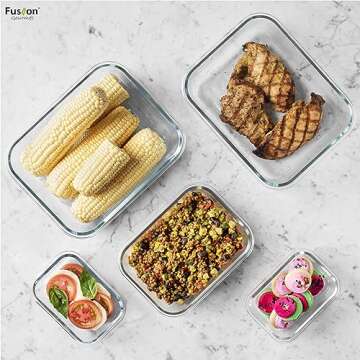 Fusion Gourmet Large Glass Food Storage Containers with Lids [5 Pack, 72 oz, 9 Cup], Airtight, Leakproof, Microwave and Oven Safe Borosilicate Glass