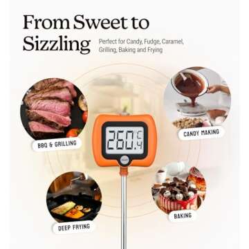 Digital Candy Thermometer with Pot Clip, Instant Read Kitchen Thermometer for Cooking, Baking, and Candy Making – 10" Stainless Steel Probe, LCD Display, Essential Baking Tool (Orange)