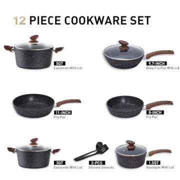 MAISON ARTS Pots and Pans Set Non Stick, 12 Piece Black Granite Kitchen Cookware Induction Compatible, Pot and Pan Sets for Cooking Nonstick