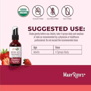 MaryRuth's Vitamin B12 Liquid Spray | Vegan, Non-GMO, Gluten-Free | USDA Organic B12 Vitamin Supplement | Energy & Nervous System Support | B12 Vitamins for Women & Men | VIT b12 1,500 mcg | 1 Fl Oz