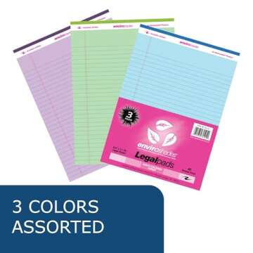 ROARING SPRING Enviroshades Recycled Colored Legal Pads, 3 pack, 40 Sheets, 8.5" x 11.75", pack includes 1 of each Orchid (Purple), Blue and Green pads.