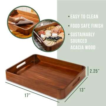 Acacia Wooden Serving Trays with Handles for Eating, Appetizers, Food, Snacks, or Home Decor, Large Wood Bed Tray or TV Tray, Decorative Ottoman or Coffee Table Accessory, 17x13 inch, Set of 1