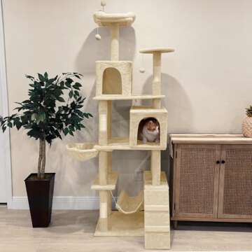 YITAHOME 75in Cat Tree Tower for Indoor Cats, Multi-Level Cat Furniture with Scratching Posts, Cat Caves, Padded Perch, Cozy Hammock, Ladder, and Plush Balls for Kittens, Pet Play House Beige