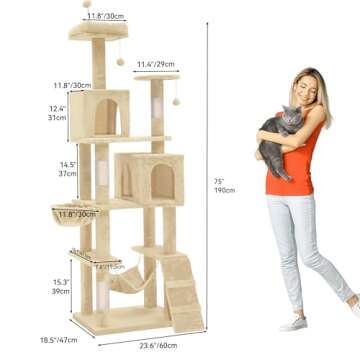 YITAHOME 75in Cat Tree Tower for Indoor Cats, Multi-Level Cat Furniture with Scratching Posts, Cat Caves, Padded Perch, Cozy Hammock, Ladder, and Plush Balls for Kittens, Pet Play House Beige