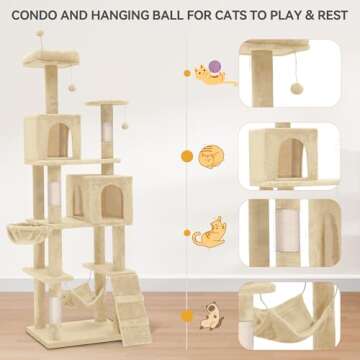 YITAHOME 75in Cat Tree Tower for Indoor Cats, Multi-Level Cat Furniture with Scratching Posts, Cat Caves, Padded Perch, Cozy Hammock, Ladder, and Plush Balls for Kittens, Pet Play House Beige