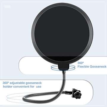 Microphone Pop Filter for Blue Yeti and Other Mic, LILALIWA 6 Inch Dual Layered Pop Wind Screen with Enhanced Flexible 360° Gooseneck Clip Stabilizing Arm for Vocal Recording and Live Broadcasting