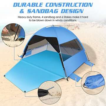 Large Easy Setup Beach Tent,Anti-UV Shelter Canopy Sun Shade with Extended Floor & 3 Mesh Roll Up Windows Fits 3-4 Person,Portable Shade Tent for Outdoor Camping Fishing (Blue)