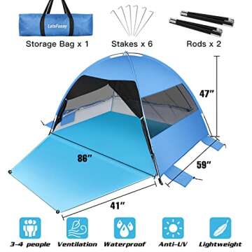 Large Easy Setup Beach Tent,Anti-UV Shelter Canopy Sun Shade with Extended Floor & 3 Mesh Roll Up Windows Fits 3-4 Person,Portable Shade Tent for Outdoor Camping Fishing (Blue)