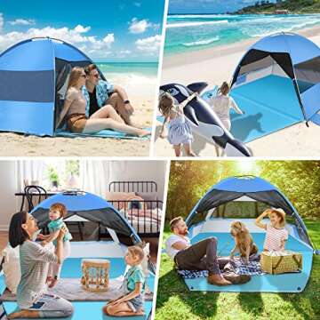 Large Easy Setup Beach Tent,Anti-UV Shelter Canopy Sun Shade with Extended Floor & 3 Mesh Roll Up Windows Fits 3-4 Person,Portable Shade Tent for Outdoor Camping Fishing (Blue)