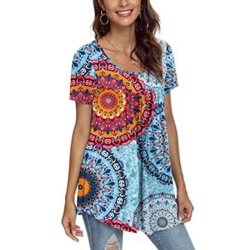 CATHY Women's 2025 Summer Short Sleeve Tunic Top Hide Belly Shirts Loose Comfy Blouse for Leggings,XXL,Floral Mixed Blue