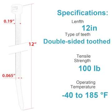 12 Inch Zip Ties Double Sided Toothed,100 LBS Tensile Strength Heavy Duty Cable Wire Ties With Self-Locking Adjustable More Durable Nylon Tie Wraps for Indoor Outdoor（100 Pack）