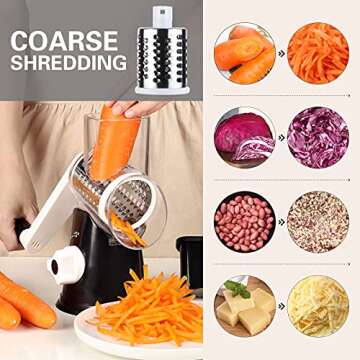 Cambom Rotary Cheese Grater Hand Crank Cheese Shredder for Fresh Cheese, Vegetable, Nuts,Non-slip Suction Base, Free Cleaning Brush Three Blades, Black