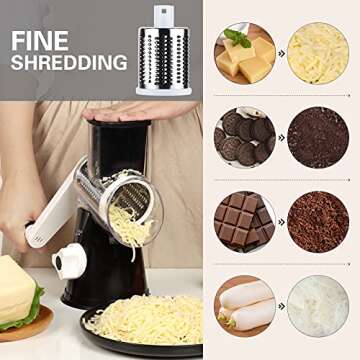 Cambom Rotary Cheese Grater Hand Crank Cheese Shredder for Fresh Cheese, Vegetable, Nuts,Non-slip Suction Base, Free Cleaning Brush Three Blades, Black