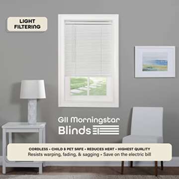 Cordless Light Filtering Mini Blind - 35 Inch Width, 64 Inch Length, 1" Slat Size - Pearl White - Cordless GII Morningstar Horizontal Windows Blinds for Interior by Achim Home Decor