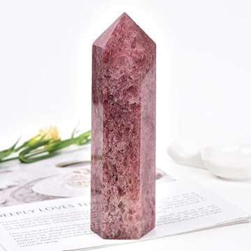 MOGEMT Large Strawberry Quartz Crystal Tower Natural Healing Crystal Point Wand Obelisk 6 Faceted Reiki Chakra Meditation Therapy Home Decor Gift 1.5-2 LBS