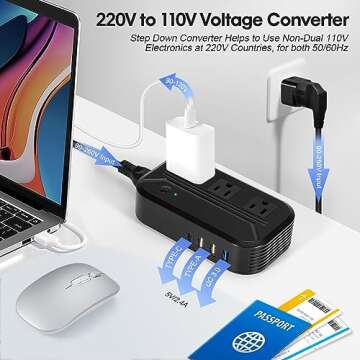 Voltage Converter 2300W Power Step Down 220V to 110V Universal Travel Adapter Power Converter Power Transformer w/ 3 AC Outlets 3 USB Ports 1 Type-C Charging for EU/UK/AU/US/IT/India/South Africa