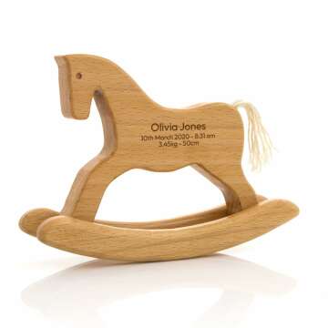 Personalized Wooden Horse Gift with Babys Name Engraved - A Perfect Keepsake Toy for Toddler, Infant and Newborn Baby, Birthday Baptism for Boy or Girl Room Decor - Mom Will Love - Natural
