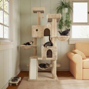 MUTICOR 66 Inches Multi-Level Large Cat Tree Tower for Indoor Big Cats/Cozy Plush Perches/Cat Condo/Sisal Scratching Posts/Hammock and Baskets/Cat Activity Center Play House/Wide Base/Beige