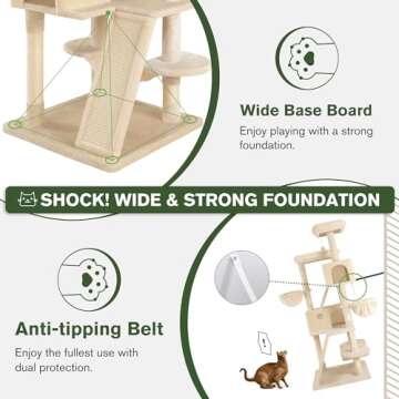 MUTICOR 66 Inches Multi-Level Large Cat Tree Tower for Indoor Big Cats/Cozy Plush Perches/Cat Condo/Sisal Scratching Posts/Hammock and Baskets/Cat Activity Center Play House/Wide Base/Beige