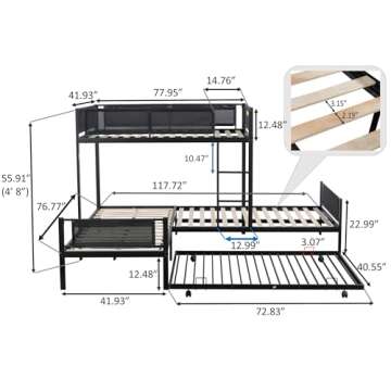 Oudiec L-Shape Triple Bunk Bed with Trundle for 4 Kids Adults,Sturdy Steel Bedframe with Safety Guardrail for Dorm,Bedroom,Guest Room,No Box Spring Needed,Black