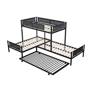 Oudiec L-Shape Triple Bunk Bed with Trundle for 4 Kids Adults,Sturdy Steel Bedframe with Safety Guardrail for Dorm,Bedroom,Guest Room,No Box Spring Needed,Black