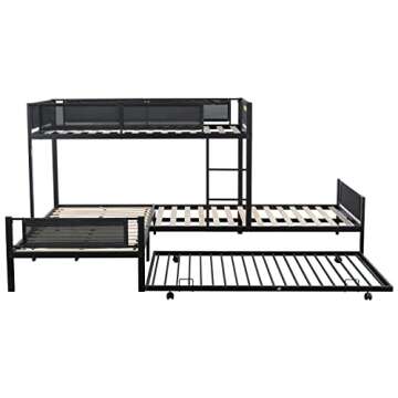 Oudiec L-Shape Triple Bunk Bed with Trundle for 4 Kids Adults,Sturdy Steel Bedframe with Safety Guardrail for Dorm,Bedroom,Guest Room,No Box Spring Needed,Black