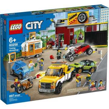 LEGO City Tuning Workshop 60258, Features a Toy Garage, Car Shop, Camping Trailer, Motorcycle, Crane and Tow Truck in One Fun Playset, Makes a Great Gift for Kids