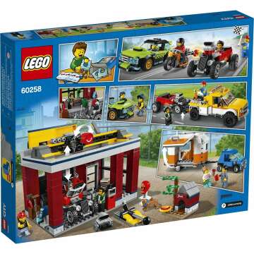 LEGO City Tuning Workshop 60258, Features a Toy Garage, Car Shop, Camping Trailer, Motorcycle, Crane and Tow Truck in One Fun Playset, Makes a Great Gift for Kids