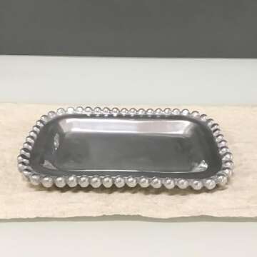 IHI Est. 1986 Rectangular Beaded Trim - 10 x 4 Inch Silver Tone Aluminum Multipurpose Serving Tray