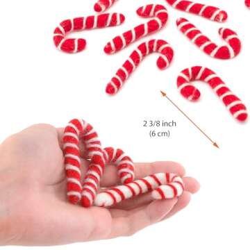 Glaciart One Felt Candy Cane Decoration (Pink/White)- DIY Garland, Arts Crafts Supplies, Cute Home Decor for Christmas - Baby Mobile Ornaments - Hand-Felted Natural Wool Material - Set of 10