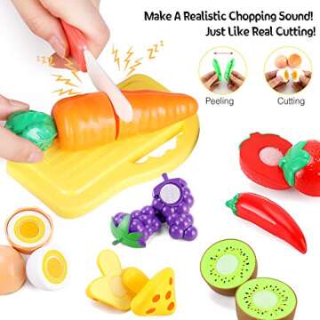 33pcs Cutting Pretend Play Food Toys for Kids Kitchen Set Playset Accessories BPA Free Peel & Cut Toy Food Fruits and Vegetables Toys, Christmas Birthday Gift for Toddlers Girls Boys Kids Storage Box