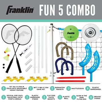 Franklin Sports Fun 5 Combo Outdoor Game Set - Backyard, Beach + Camping Games for Kids - Badminton, Volleyball, Flip Toss, Flying Disc - Horseshoes or Ring Toss