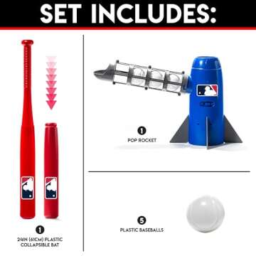 Franklin Sports MLB Kids Pitching Machine - POP ROCKET Kids Baseball Trainer - Includes 5 Plastic Baseballs & Baseball Bat, Multicolor Medium