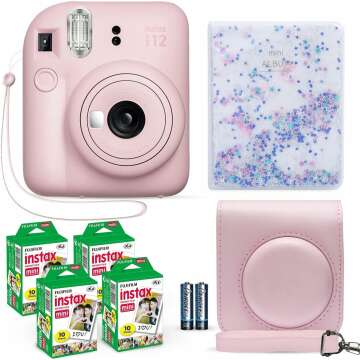Fujifilm Instax Mini 12 Instant Camera Blossom Pink + Fuji Film Value Pack (40 Sheets) + Shutter Accessories Bundle, Incl. Compatible Carrying Case, Quicksand Beads Photo Album 64 Pockets