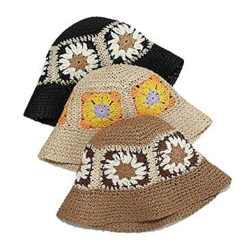 Women's Handmade Straw Bucket Sun Hat Summer Hollow Niche Flower Sunshade Hat Outdoor Sun Hats Khaki