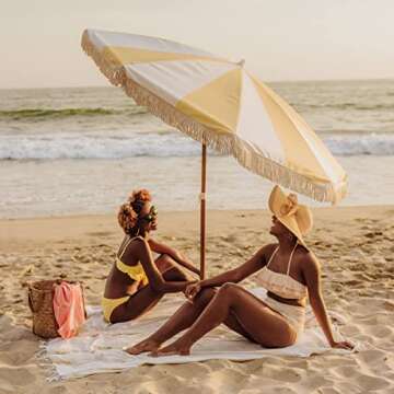 BEACH STATE Summerland 6.5 Feet Beach Umbrella with Fringe - Outdoor Umbrella - UV50+ Sun Protection (Limoncello Stripe)