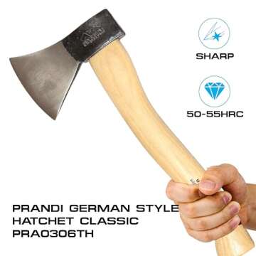 Prandi German Style Hatchet Traditional Line - 3.003.06.TH - 15.28" x 6.26" - Carbon Steel with Hickory Handle - Camping Hatchet & Splitting Axe for Outdoor Activities - No Sheath Included