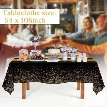 3 Pack New Years Tablecloth,Black and Gold Tablecloths for Rectangle Tables,New Years Decorations,54" x 108" Disposable Plastic Table Cloth for Parties,Birthday Party Decorations,Graduation,Wedding