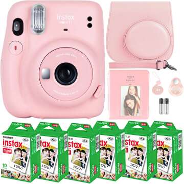 Fujifilm Instax Mini 11 Camera with Fujifilm Instant Mini Film (60 Sheets) Bundle with Deals Number One Accessories Including Carrying Case, Selfie Lens, Photo Album, Stickers (Blush Pink)