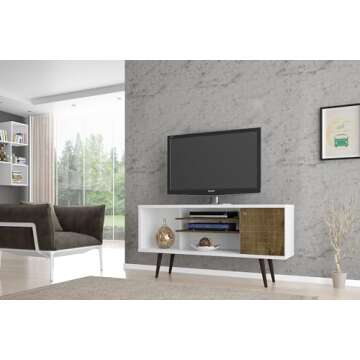 Manhattan Comfort Liberty Mid Century Modern TV Stand for Televisions up to 50 Inches, Bedroom and Living Room Entertainment Center with Storage, Shelves, and Cabinet, 53" Wide, White/Rustic Brown