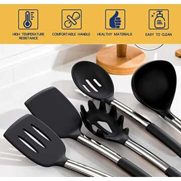 Silicone Cooking Utensil Set, Fungun Non-stick Kitchen Utensil 24 Pcs Cooking Utensils Set, Heat Resistant Cookware, Silicone Kitchen Tools Gift with Stainless Steel Handle (Black-24pcs)