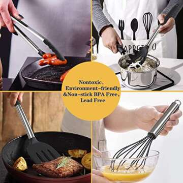 Silicone Cooking Utensil Set, Fungun Non-stick Kitchen Utensil 24 Pcs Cooking Utensils Set, Heat Resistant Cookware, Silicone Kitchen Tools Gift with Stainless Steel Handle (Black-24pcs)