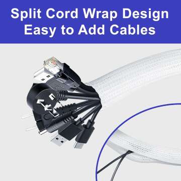 Cable Management Sleeves 1in - 2 Pack 4.1ft Split Braided Cable Sleeve White, Hard PE Cord Protectors from Pets, Wire Organizers for Cords, Flexible Cord Wrap Wire Sleeve for Computer Cord Organizer