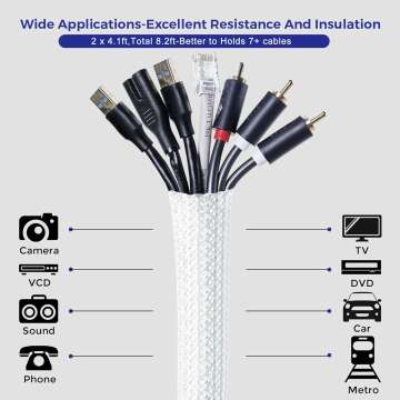 Cable Management Sleeves 1in - 2 Pack 4.1ft Split Braided Cable Sleeve White, Hard PE Cord Protectors from Pets, Wire Organizers for Cords, Flexible Cord Wrap Wire Sleeve for Computer Cord Organizer