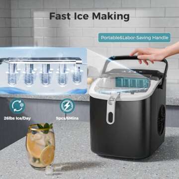 WAA Ice Maker Machine Countertop Self-Cleaning Portable Small Mini Bullet Ice Maker with Handle, Compact Ice Maker with Ice Scoop Basket,26Lbs/24H,9 Ice Cubes in 6 Mins for Home Dorm Outdoor Camping