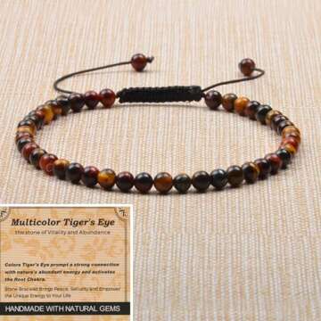 Multicolor Tiger's Eye Massive Beads - Vitality and Abundance - Handmade Yoga Natural Stone Crystal Healing Power Energy Gifts for Unisex Adult Bracelet Macrame Adjustable 4mm