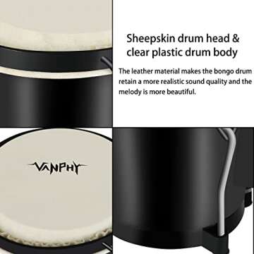 VANPHY Bongo Drum Set with Tuning Wrench Bongos for Kids Adults Beginners Transparent Bongo Drums 6" and 7" Tunable Percussion Instruments Bongo Drum Natural Animal Hides Metal Bongo(Black)