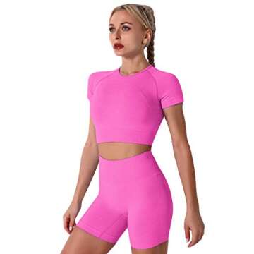 IMEKIS Women's Seamless Yoga Outfits Two Pieces Workout Short Sleeve Crop Top Sports Bra + High Waisted Running Shorts Sets Biker Activewear Athletic Fitness Gym Sexy Active Tracksuit Hot Pink Large