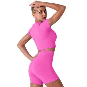 IMEKIS Women's Seamless Yoga Outfits Two Pieces Workout Short Sleeve Crop Top Sports Bra + High Waisted Running Shorts Sets Biker Activewear Athletic Fitness Gym Sexy Active Tracksuit Hot Pink Large